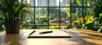 Sunlit wooden desk with clipboard and pen near window, tropical houseplant creating peaceful home office atmosphere with garden view background.