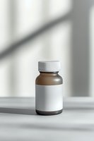 Brown medicine bottle with white blank label and cap on light surface with natural window shadows, mockup for pharmaceutical and supplement products.