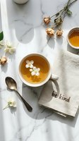Floral herbal tea in a white mug with jasmine flowers, dried roses, honey, and a linen napkin with be kind text on marble surface.
