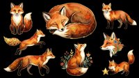 Watercolor fox collection featuring multiple poses and expressions of red foxes in various positions including sitting, sleeping, jumping, and standing, isolated on transparent background and ready for t-shirt design, clipart, stickers, sublimation, and print-on-demand projects.