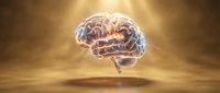 Glowing human brain with neural networks floating above wooden surface against warm golden background for medical and science concepts.