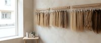 Hair extensions display in modern salon showcasing various blonde and brown shades hanging on wooden rack near bright window for professional styling.