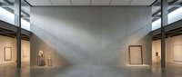 Spacious modern art gallery interior with concrete walls, dramatic natural light rays, sculptures, and empty frames on polished floor.
