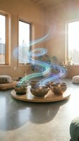 Serene meditation room with singing bowls on wooden platform and ethereal blue-purple light waves flowing through sunlit space with plants and cushions.