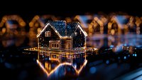 Glowing miniature house with fairy lights reflecting on mirror surface creates magical holiday atmosphere against dark background with bokeh lights and reflections.