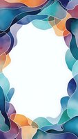 Abstract watercolor frame with flowing organic shapes in vibrant blues, purples, oranges creating elegant border with white center space for text or design.