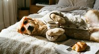 Cozy morning scene with dog relaxing on unmade bed next to person in knit sweater holding coffee mug and croissant breakfast in warm sunlit bedroom.