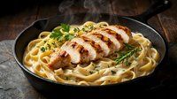 Grilled chicken breast sliced over creamy fettuccine pasta in cast iron skillet with fresh herbs and steam rising from hot meal on rustic wooden table.