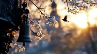 Silhouette of bird flying past church bell and blooming cherry blossoms at golden sunset, creating atmospheric spring scene with bokeh light effects.