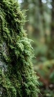 Lush green moss growing on tree bark in forest with soft bokeh background creates peaceful natural woodland atmosphere for environmental projects.