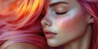 Young woman with pink hair and glowing glitter makeup in dreamy lighting. Ethereal beauty portrait with closed eyes and luminous skin highlighting artistic cosmetics application.