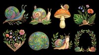 Colorful garden snails with decorative foliage, mushroom, and floral elements isolated on transparent background. Perfect for t-shirt designs, clipart, stickers, sublimation, and print-on-demand products.