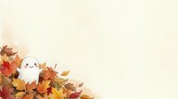 Cute ghost character with smiling face surrounded by autumn leaves in warm fall colors on cream background.