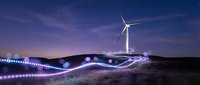 Wind turbine on hill with flowing light trails at twilight creating sustainable energy concept for renewable power technology presentations.