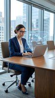 Professional businesswoman using laptop with holographic interface display in modern office conference room overlooking city skyline for corporate presentations.