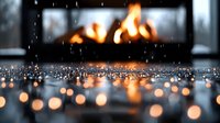 Cozy fireplace with warm flames burning behind glass doors, raindrops on surface creating bokeh lights, perfect for home comfort and relaxation themes.