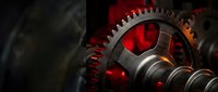 Industrial metal gears and cogs machinery close-up with dramatic red lighting for mechanical engineering and manufacturing concepts.