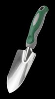 Garden trowel with green and gray ergonomic handle, stainless steel blade, isolated on transparent background. Ready for gardening tool clipart, print-on-demand products, and design use.