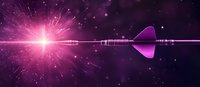 Glowing pink arrow flying through dark space with bright light burst and sparkles, creating dynamic motion trail against cosmic background.