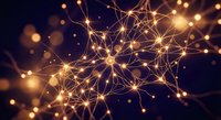 Golden neural network connections with glowing nodes and light effects on dark background for technology and artificial intelligence concepts.