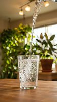 Fresh sparkling water pouring into clear glass on wooden table in modern kitchen with green plants and warm lighting for healthy lifestyle.
