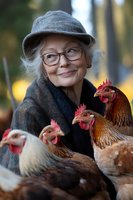 Senior Asian woman in glasses and hat holding chickens outdoors in autumn setting for farming and agriculture lifestyle content.