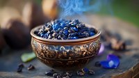 Aromatic coffee beans in ornate copper bowl with rising steam, dark roasted coffee scattered on rustic wooden surface with blue decorative elements and natural light.