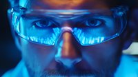 Close up portrait of scientist wearing protective eyewear illuminated by intense blue light, creating dramatic scientific laboratory atmosphere with futuristic glow.