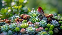 Small red-headed bird perched among colorful succulent garden with varied echeveria plants creating natural composition in soft morning light.