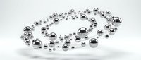 Shiny metallic silver spheres and beads scattered in flowing arrangement on white background, isolated for design projects and digital artwork.
