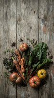 Fresh organic vegetables including heirloom tomatoes, carrots and leafy greens arranged on rustic weathered wood background for farm to table cooking.