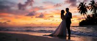 Romantic couple silhouette embracing on tropical beach at sunset with palm trees and ocean waves creating dreamy wedding or honeymoon atmosphere.