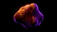 Abstract glowing organic form with flowing golden orange and vibrant purple neon energy, isolated on black background for digital design and creative projects.