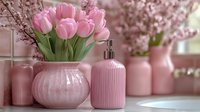Pink tulips in ceramic vase with soap dispenser and spring cherry blossoms creating elegant bathroom or kitchen decor in soft pastel tones for home styling.