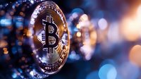 Glowing golden Bitcoin symbol with digital circuit pattern against blurred blue bokeh background, modern cryptocurrency concept for financial technology.