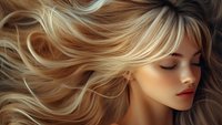 Young woman with flowing blonde hair and red lips in peaceful expression against dark background, showcasing natural beauty and hair care concept.