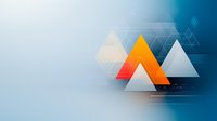 Modern geometric triangular shapes in orange and white on gradient blue tech background with abstract digital elements and light effects.