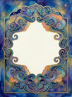 Ornate decorative frame with swirling cloud motifs in vibrant blues and golds on textured background. Central white space for text or design elements.