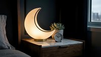 Glowing crescent moon lamp on wooden nightstand with succulent plant and alarm clock creating cozy bedroom ambiance for relaxation and sleep.