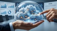 Business hands protecting cloud computing data with digital security icons and charts on modern office desk for technology strategy planning.