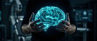 Businessman hands protecting glowing digital brain hologram in dark office environment representing artificial intelligence and neural network technology.
