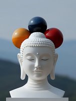 White Buddha head sculpture with colorful spheres floating above against blue sky background, representing meditation, balance and spiritual enlightenment.