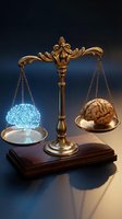 Golden scales of justice balancing human brain and digital circuit sphere representing artificial intelligence versus human intelligence concept.