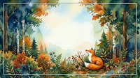 Watercolor autumn forest scene with sleeping fox surrounded by colorful fall foliage, trees and ferns creating natural woodland frame for seasonal design.