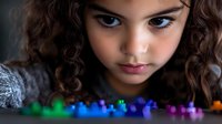 Young girl with intense blue eyes and curly dark hair gazes at colorful building blocks arranged in rainbow order, creating dramatic portrait with shallow depth of field.