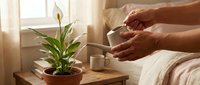 Hands gently watering small green houseplant in terracotta pot on wooden table by sunny window. Indoor gardening and plant care at home.