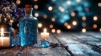 Magical blue potion in glass bottle with glowing candles and crystals on rustic wooden surface against blurred bokeh lights, creating mystical atmosphere.
