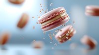Levitating pink macarons with vanilla cream filling and golden sprinkles scattered in dynamic motion against blurred turquoise background. French pastry in zero gravity.