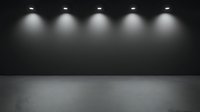 Dark empty room with five ceiling spotlights casting dramatic cone-shaped beams on black wall, creating atmospheric lighting effect for product display or gallery space.