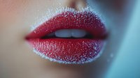 Sensual red lips covered in sparkling sugar crystals against blue background, macro beauty shot showing texture and detail of feminine mouth with frost effect.